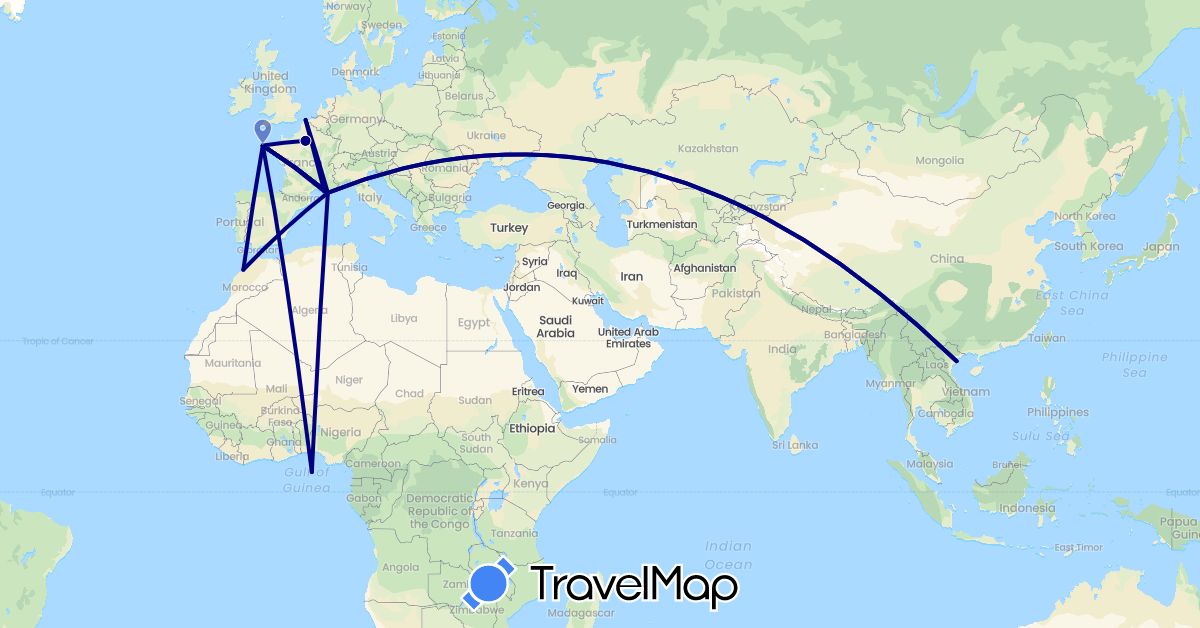 TravelMap itinerary: driving in France, Morocco, Vietnam (Africa, Asia, Europe)